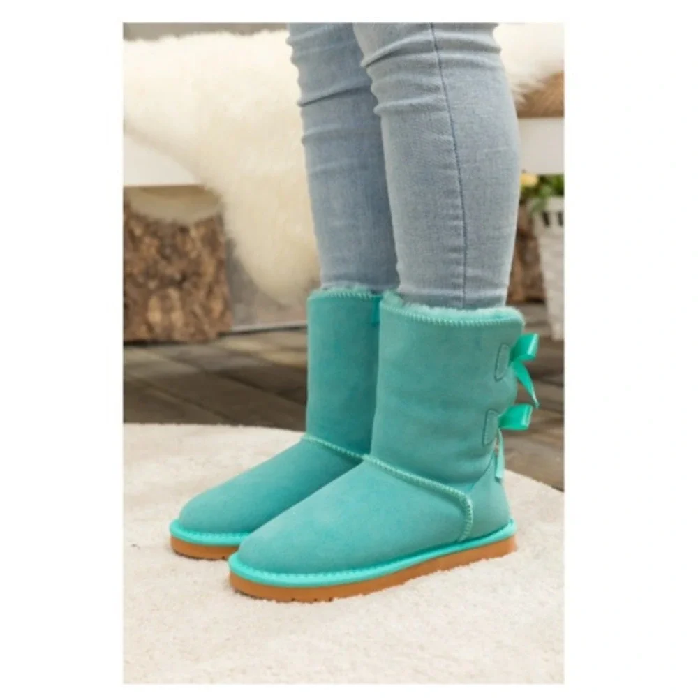 Smaibulun Ugg | Double Ballet Ribbon Bow Suede Shearling Boots - Turquoise